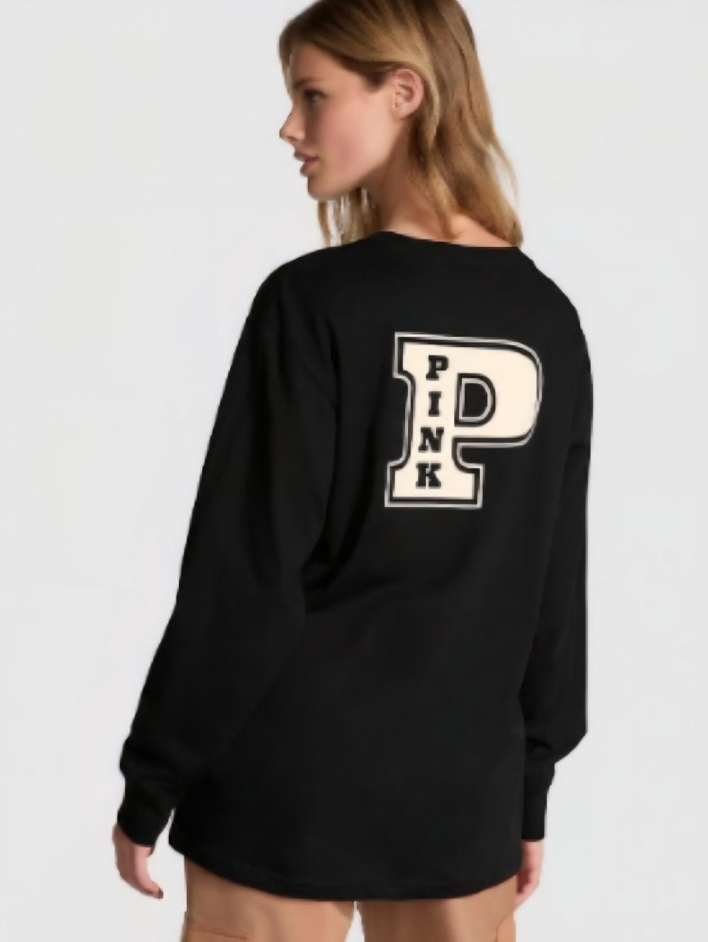 NWT PINK by Victoria's Secret "Campus Cotton Longsleeve Tee" Black🖤Cream🍦SMALL